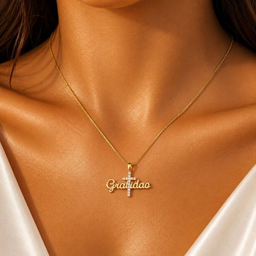 Colar Gratidão com Cruz Micro Zircônia Cristal Banhado a Ouro