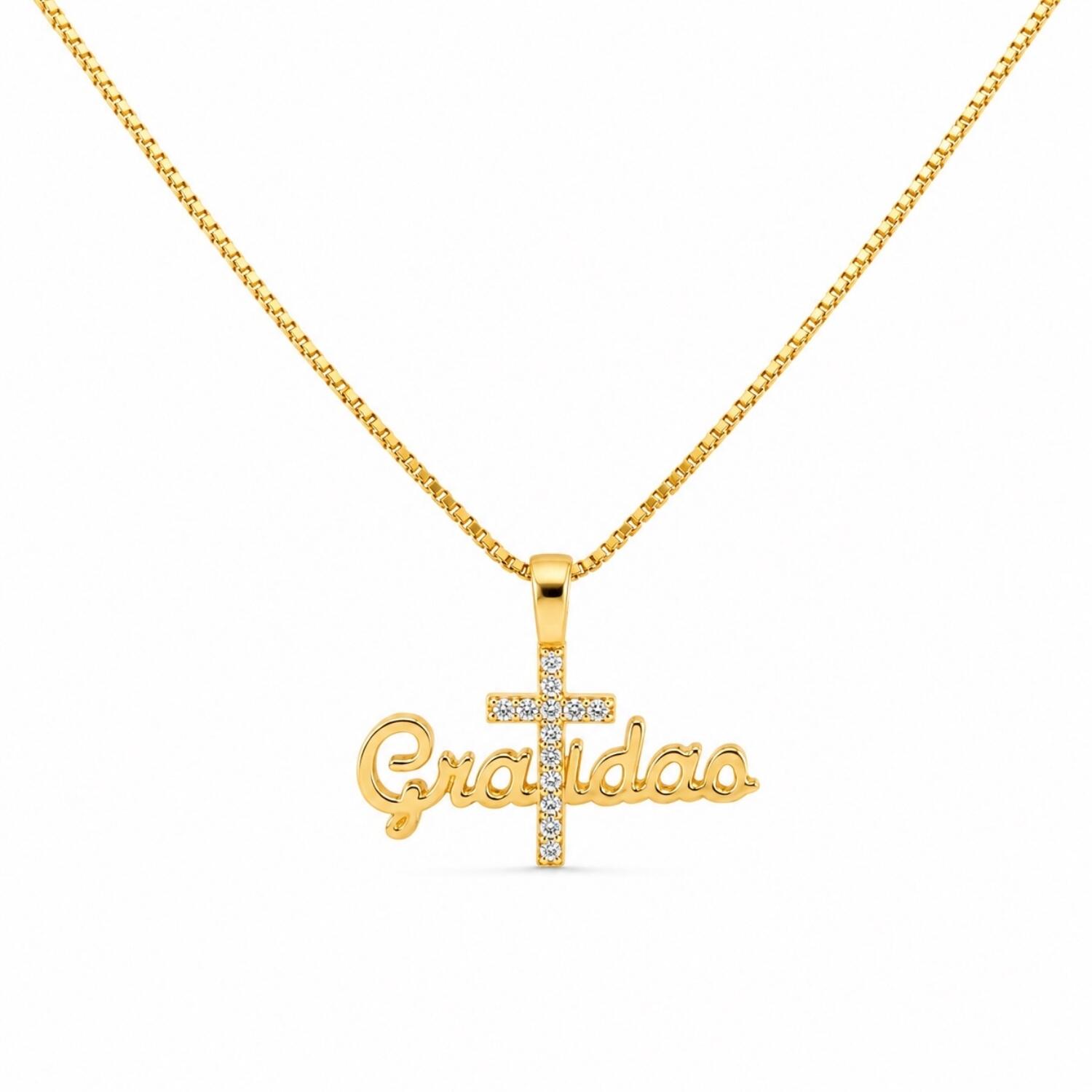 Colar Gratidão com Cruz Micro Zircônia Cristal Banhado a Ouro