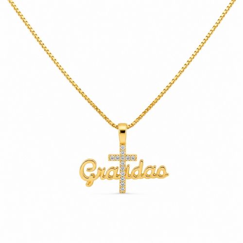 Colar Gratidão com Cruz Micro Zircônia Cristal Banhado a Ouro