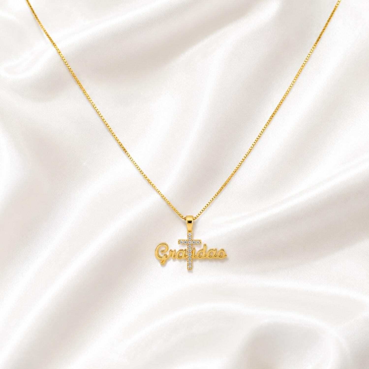 Colar Gratidão com Cruz Micro Zircônia Cristal Banhado a Ouro