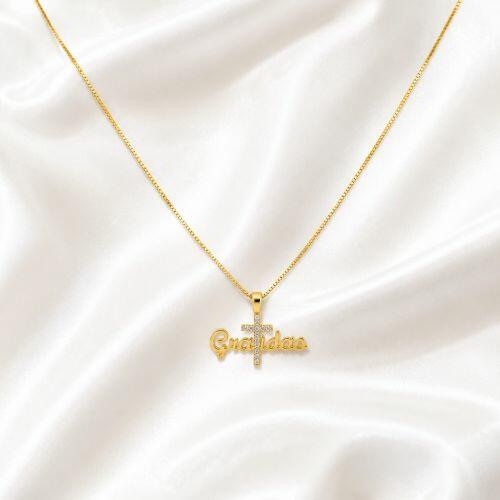 Colar Gratidão com Cruz Micro Zircônia Cristal Banhado a Ouro