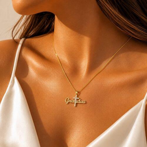 Colar Gratidão com Cruz Micro Zircônia Cristal Banhado a Ouro