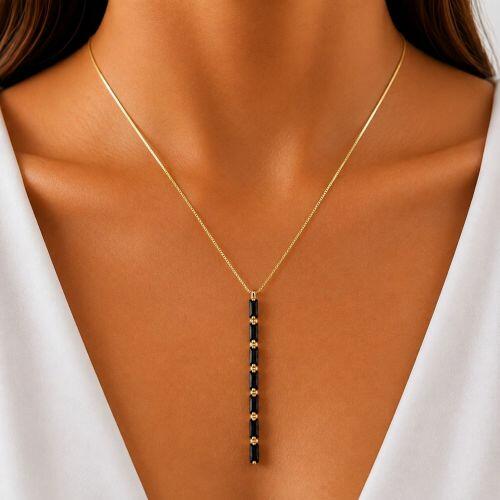 Colar Gravatinha Baguette Zirc�nia Negra Banhado a Ouro