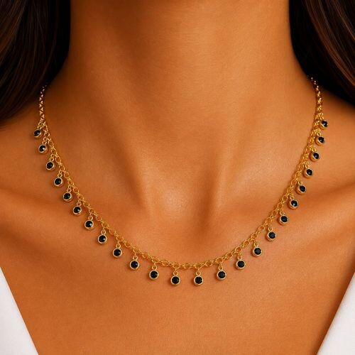 Colar Elo Portugu�s com Ponto de Luz Zirc�nia Negra Banhado a Ouro