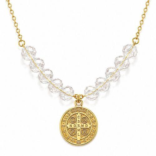 Colar Bola Cristal com São Bento Banhado a Ouro