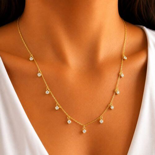 Colar 60 cm Mini Elo com Pontos de Luz Zirc�nia Cristal Banhado a Ouro