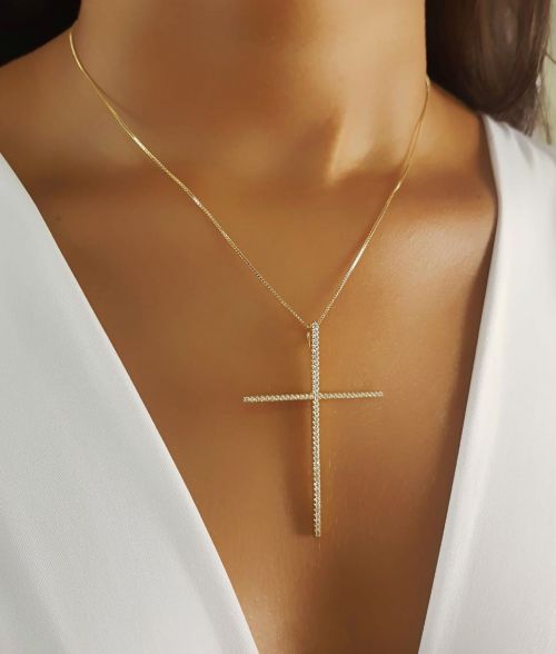 Colar Cruz Micro Zircônia Cristal Banhado a Ouro