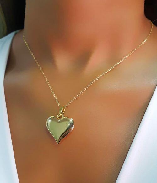 Colar Mini Elo com Pingente Coração Liso Banhado a Ouro