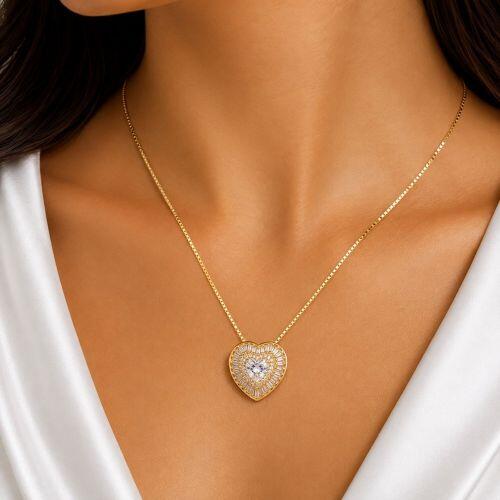 Colar Coração Zircônia Baguette Cristal Banhado a Ouro
