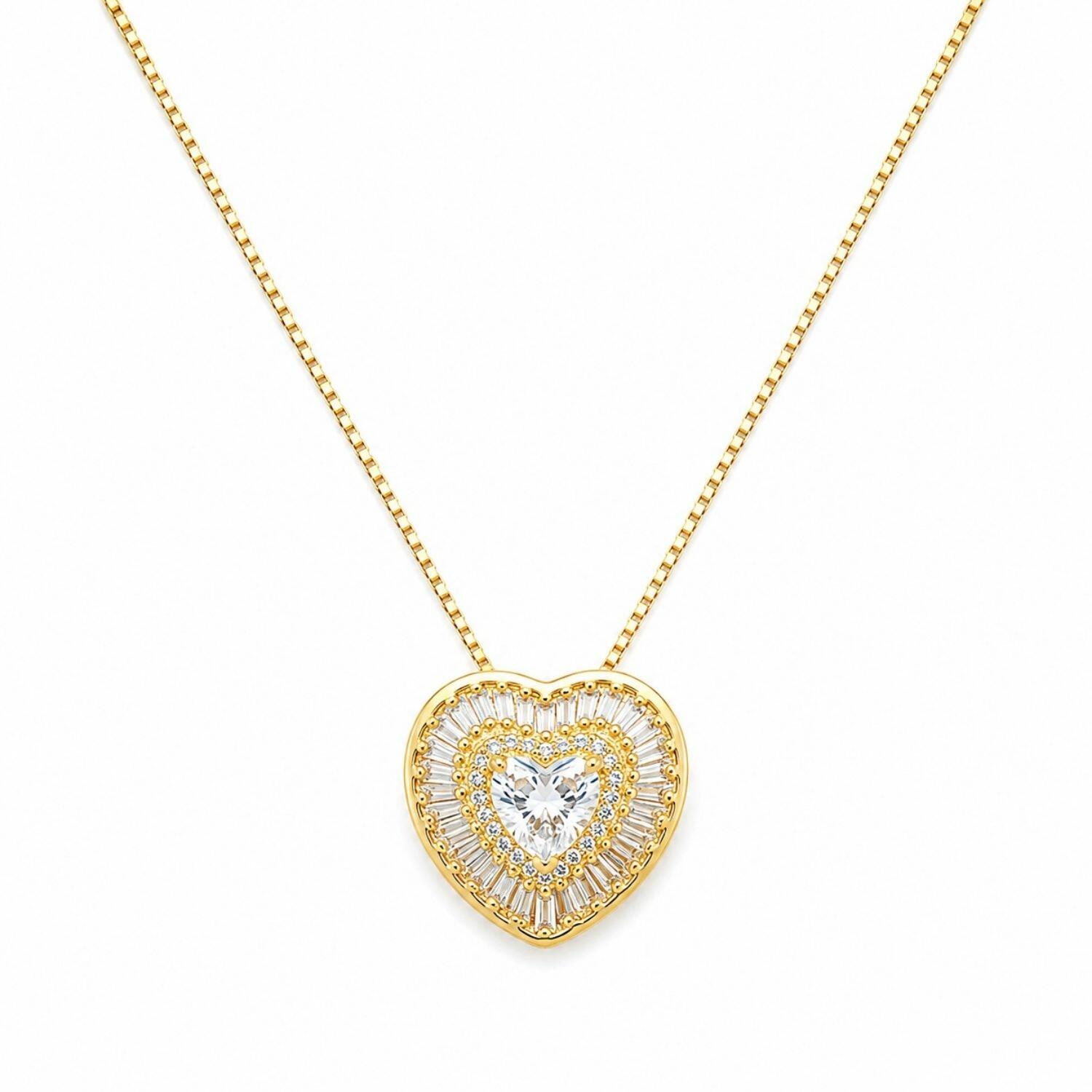 Colar Coração Zircônia Baguette Cristal Banhado a Ouro
