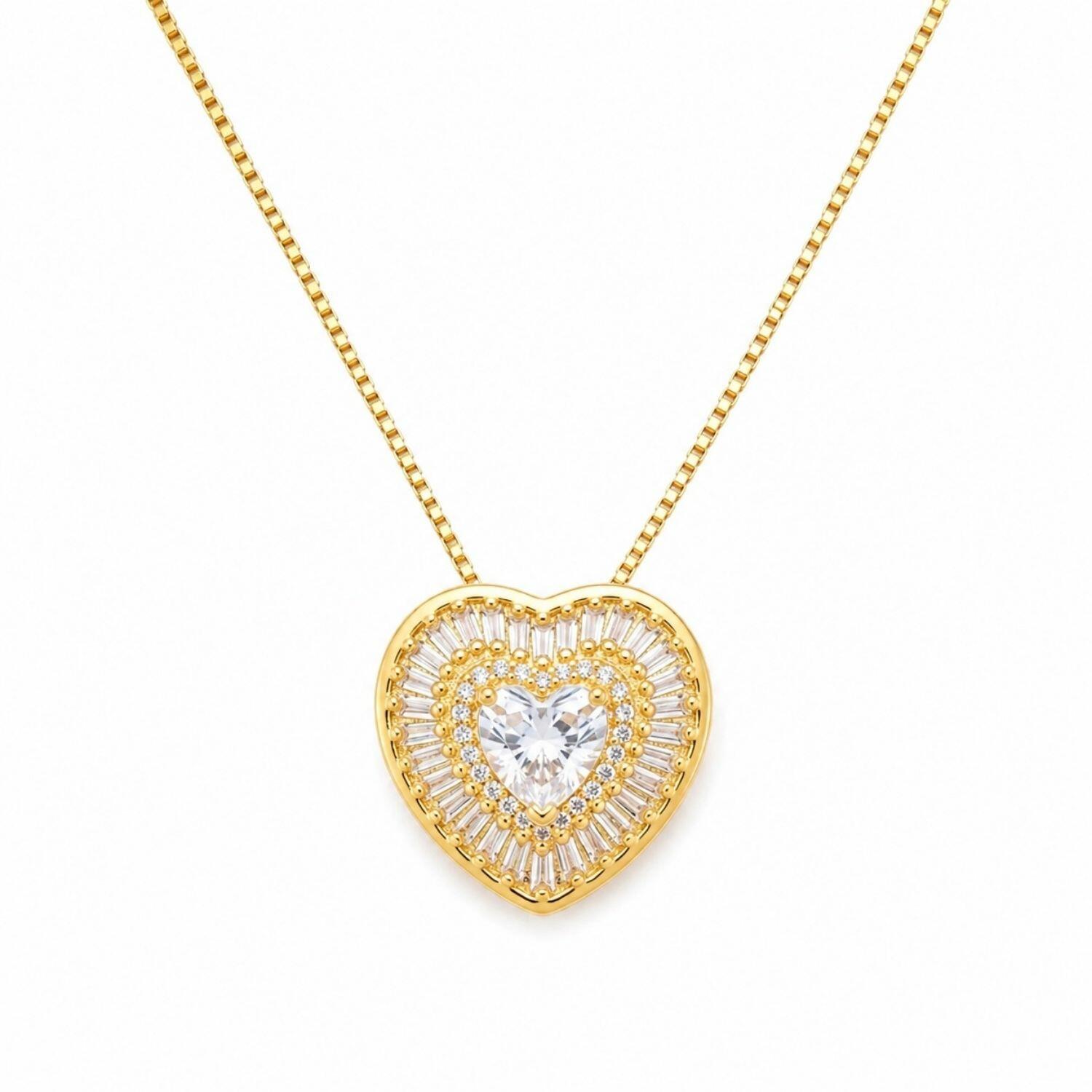 Colar Coração Zircônia Baguette Cristal Banhado a Ouro