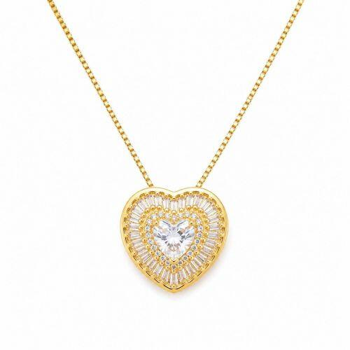 Colar Coração Zircônia Baguette Cristal Banhado a Ouro