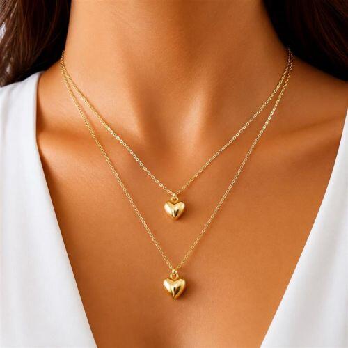 Colar Duplo Mini Elo com Pingente Cora��o Banhado a Ouro