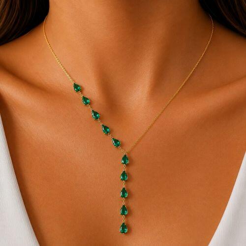 Colar Gravatinha Gotas Zirc�nia Turmalina Banhado em Ouro 18K