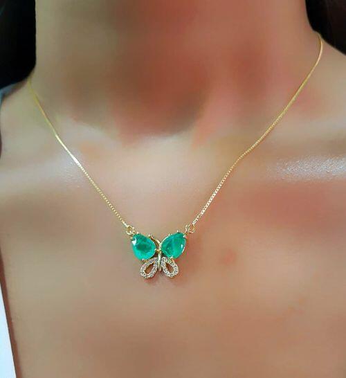 Colar Borboleta com 2 Gotas Zircônia Turmalina Fusion Banhado em Ouro 18K