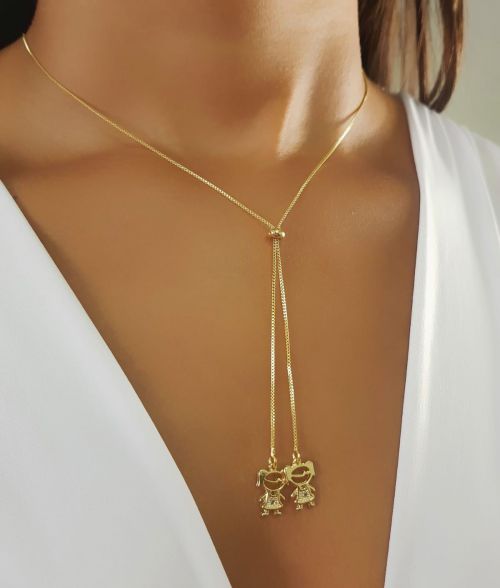 Colar Gravatinha Regulável Filhos 2 Meninas Banhado a Ouro