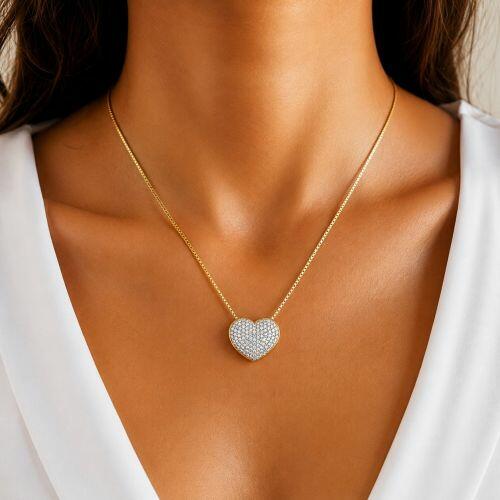 Colar Coração Abaulado Micro Zircônia Cristal Banhado em Ouro 18k
