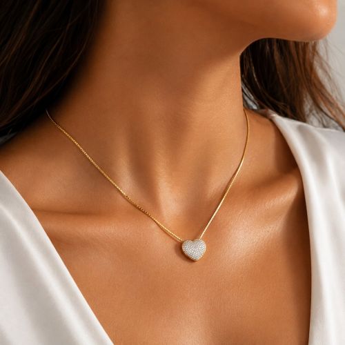 Colar Coração Abaulado Micro Zircônia Cristal Banhado em Ouro 18k