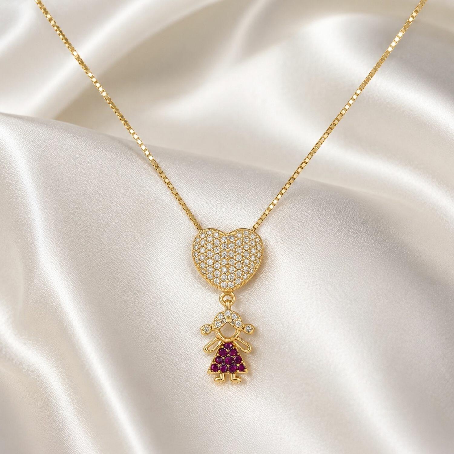 Colar Coração com Filha Zircônia Cristal e Rosa Banhado em Ouro 18k