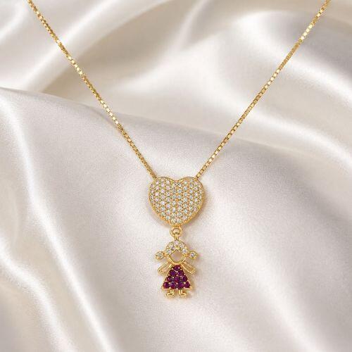 Colar Coração com Filha Zircônia Cristal e Rosa Banhado em Ouro 18k