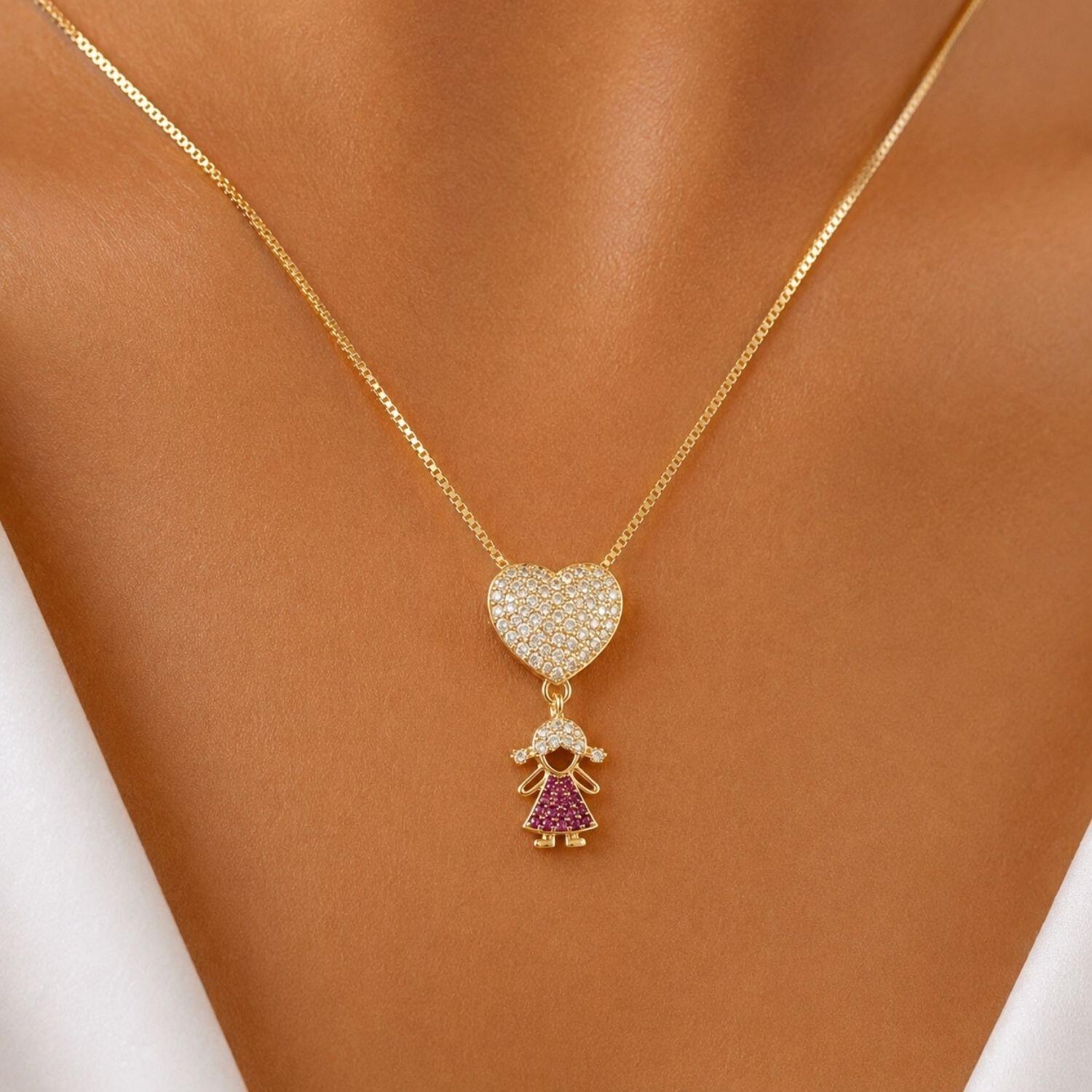 Colar Coração com Filha Zircônia Cristal e Rosa Banhado em Ouro 18k