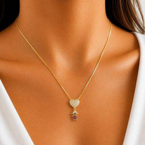 Colar Cora��o com Filha Zirc�nia Cristal e Rosa Banhado em Ouro 18k