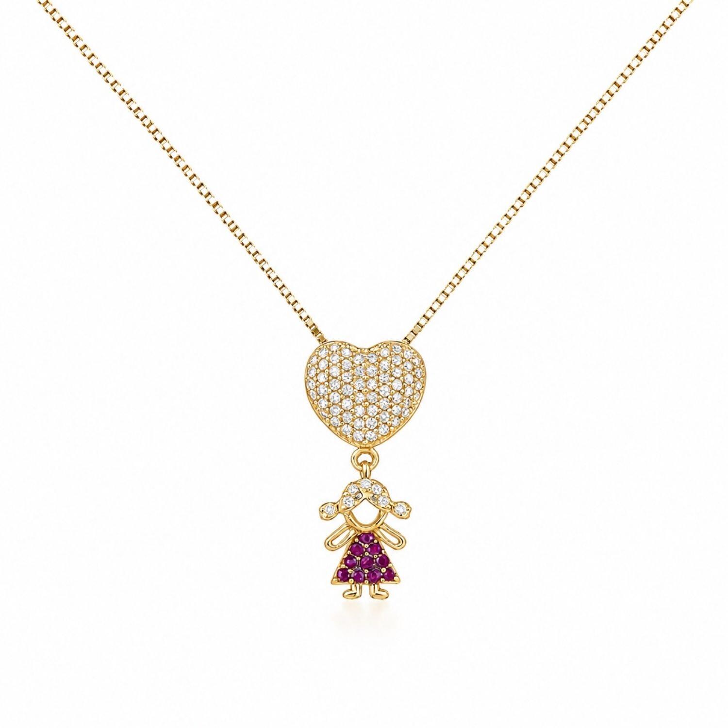 Colar Coração com Filha Zircônia Cristal e Rosa Banhado em Ouro 18k