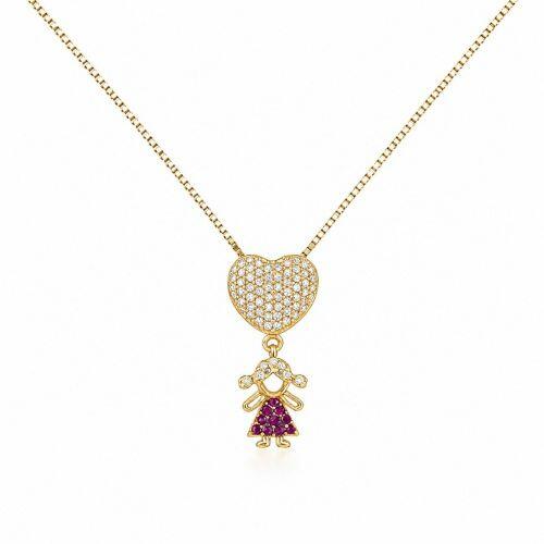 Colar Cora��o com Filha Zirc�nia Cristal e Rosa Banhado em Ouro 18k