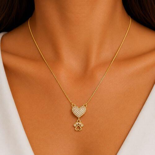 Colar Cora��o com Patinha Micro Zirc�nia Cristal Banhado em Ouro18k