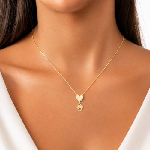 Colar Coração com Patinha Micro Zircônia Cristal Banhado em Ouro18k