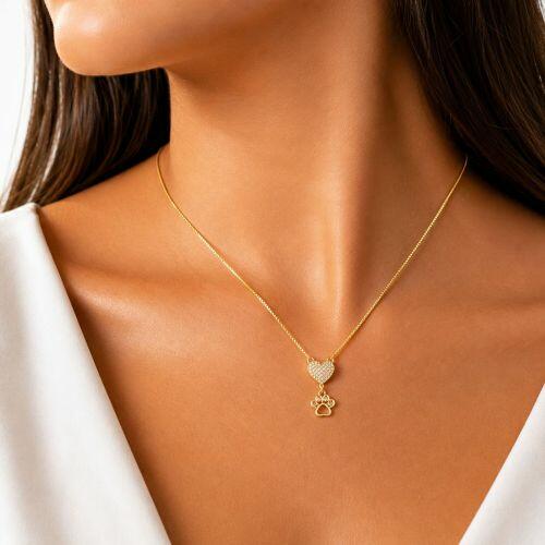 Colar Coração com Patinha Micro Zircônia Cristal Banhado em Ouro18k