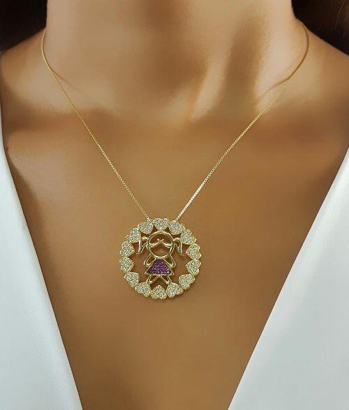 Colar Mandala Filhos com 1 Filha Zirc�nia Rosa e Cristal Banhado em Ouro18k