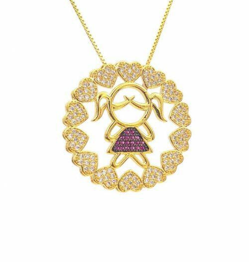 Colar Mandala Filhos com 1 Filha Zirc�nia Rosa e Cristal Banhado em Ouro18k
