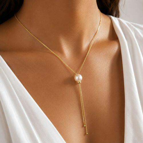 Colar Gravatinha Regul�vel Longa com P�rola Banhado em Ouro18k