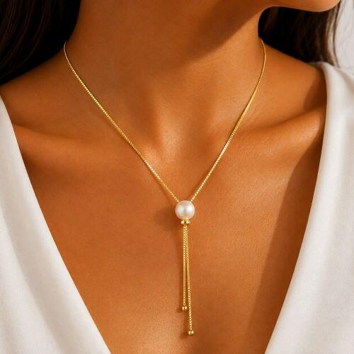 Colar Gravatinha Regul�vel Longa com P�rola Banhado em Ouro18k