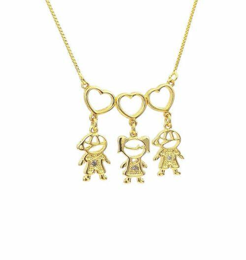 Colar 3 Filhos Com Cora��o Vazado Banhado a Ouro - 1 Menina e 2 Meninos