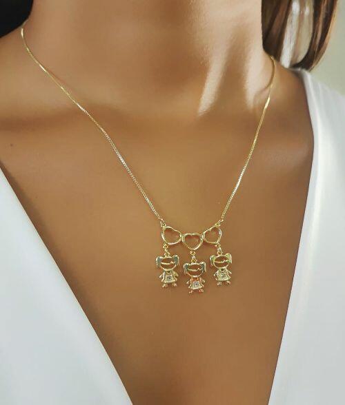 Colar 3 Filhos Com Cora��o Vazado Banhado a Ouro - 3 Meninas