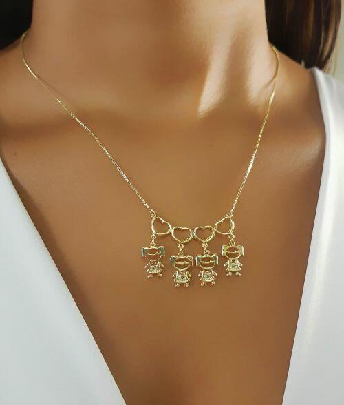 Colar 4 Filhos Com Cora��o Vazado Banhado a Ouro - 4 Meninas