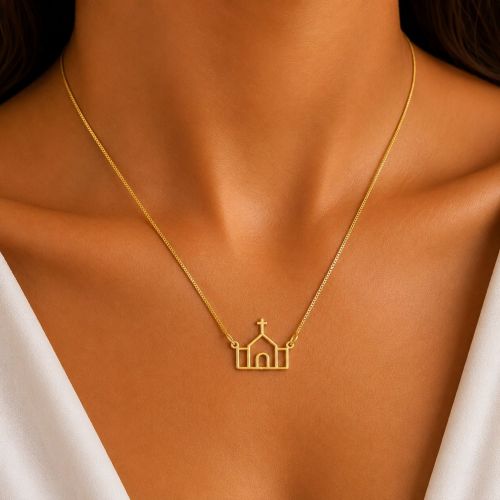Colar com Pingente Igreja Banhado em Ouro 18K