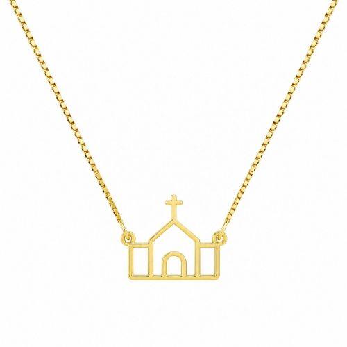 Colar com Pingente Igreja Banhado em Ouro 18K