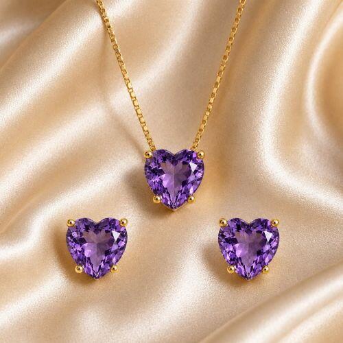 Conjunto Coração Ametista Banhado em Ouro18k