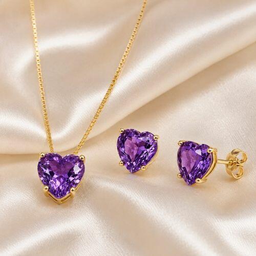 Conjunto Coração Ametista Banhado em Ouro18k