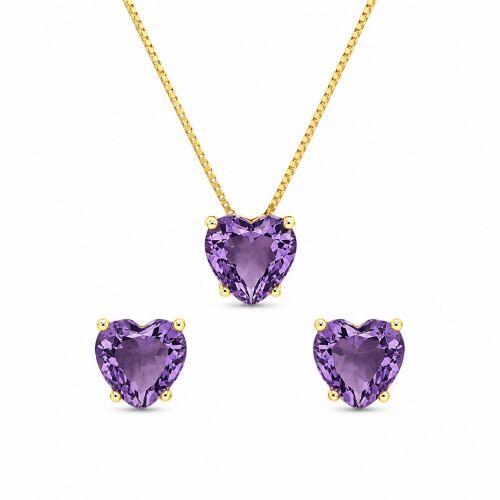 Conjunto Cora��o Ametista Banhado em Ouro18k