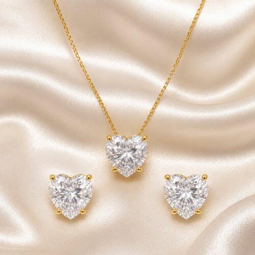 Conjunto Coração Zircônia Cristal Banhado em Ouro18k