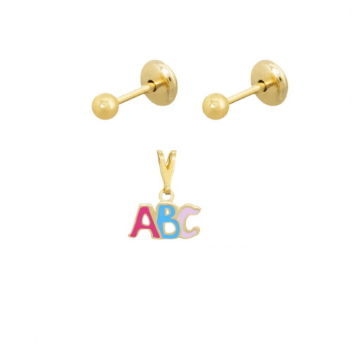 Conjunto Infantil Brinco Bola e Pingente ABC Banhado a Ouro