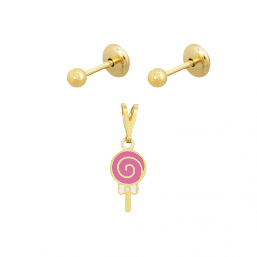Conjunto Infantil Brinco Bola e Pingente Pirulito Banhado a Ouro