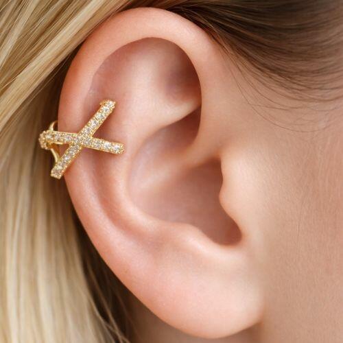Piercing Fake X Duplo com Micro Zircônias Banhado em Ouro18k