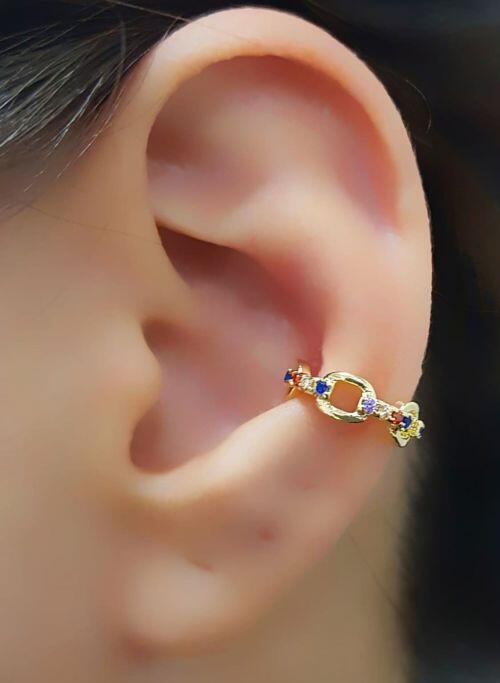 Piercing Fake Elos com Mciro Zircônia Colorida Banhado em Ouro18k