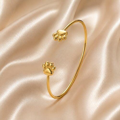 Bracelete Aberto 2 Patinha de Cachorro Abaulado Banhado em Ouro 18K