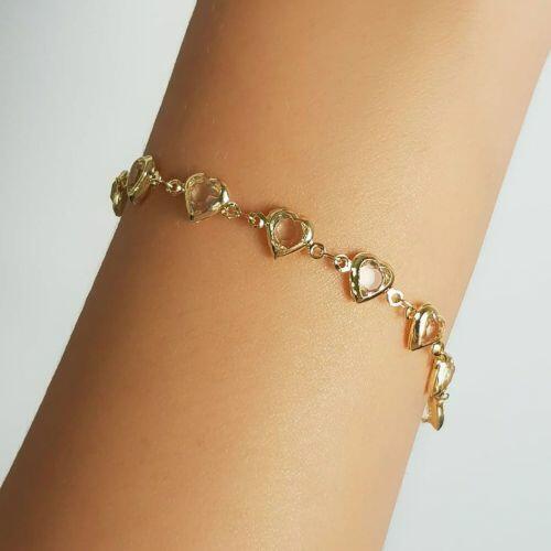 Pulseira Cora��es Cristal Banhado a Ouro